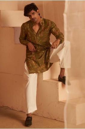 Printed Silk Green Men Kurta with Dupatta KURR379