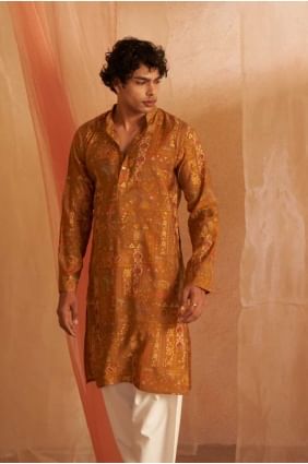 Brownish yellow  Silk Printed Men Kurta with Dupatta KURR381