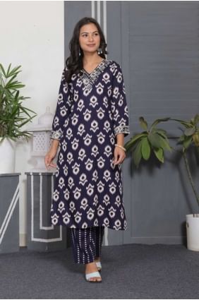 Rayon Straight Pant Suit with Embroidered in Blue SK154862