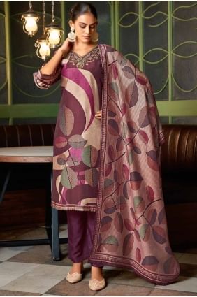 Purple Straight Pant Suit in Digital print Viscose SK154869