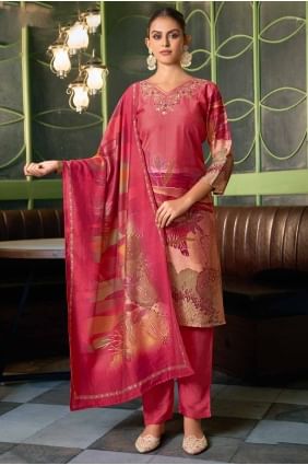 Pink Digital print Straight Pant Suit in Viscose SK154870