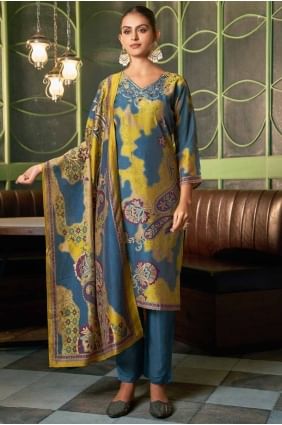 Blue Straight Pant Suit with Digital print Viscose SK154871