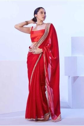 Satin Saree with Lace in Red SR27897
