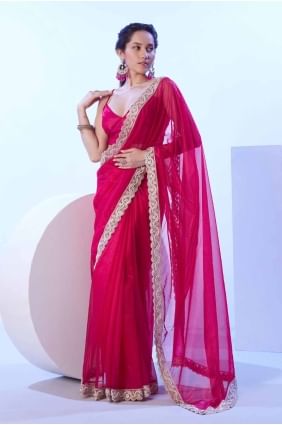 Lace Net Saree in Pink with Blouse SR27899