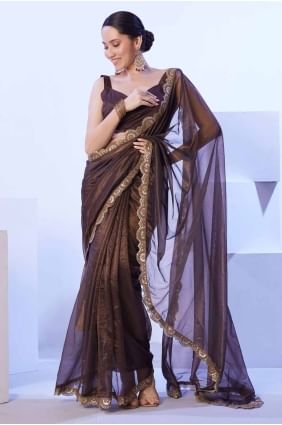Brown Lace Party Wear Saree in Net SR27900