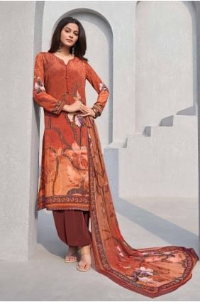 Digital print Straight Pant Suit in Orange Crepe SK154886