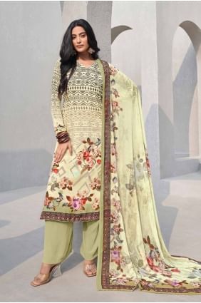 Cream Straight Pant Suit in Crepe with Digital print SK154889