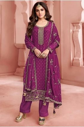 Purple Straight Pant Suit with Embroidered Jacquard SK154896