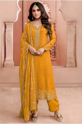 Jacquard Straight Pant Suit with Embroidered in Yellow SK154897