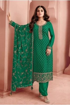 Embroidered Straight Pant Suit in Green Jacquard SK154899