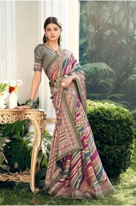 Georgette Printed Pista  Banarasi Saree with Blouse SR27916