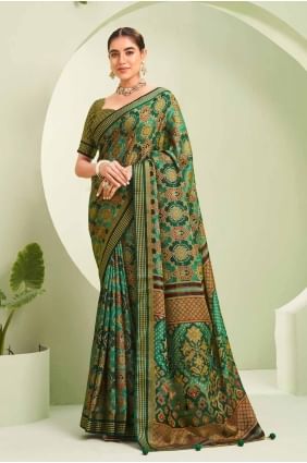 Printed Saree in Green Georgette SR27923