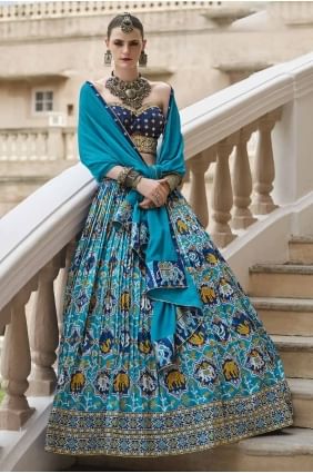 Printed Silk Party Lehenga Suit in Blue LC8182