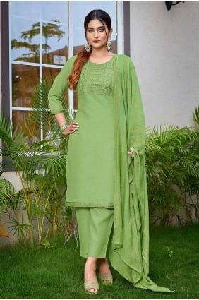 Straight Pant Suit in Light green  Cotton with Embroidered SK154901