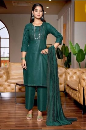 Cotton Straight Pant Suit in Bottle green  with Embroidered SK154903
