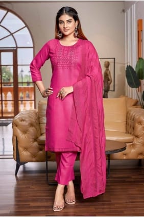 Straight Pant Suit in Pink Cotton with Embroidered SK154904
