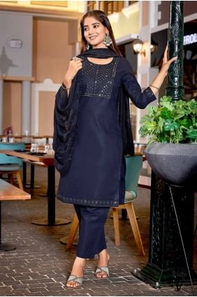 Cotton Embroidered Navy blue  Straight Pant Suit with Dupatta SK154905