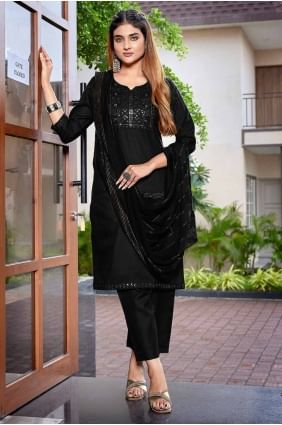 Cotton Embroidered Black Straight Pant Suit with Dupatta SK154907