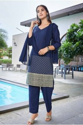 Navy blue  Digital print Crepe Straight Pant Suit SK154910