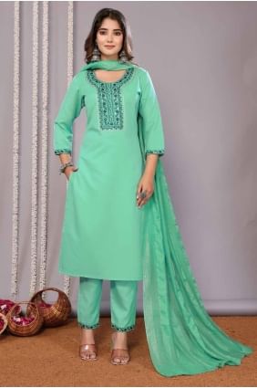Straight Pant Suit in Sea green  Cotton with Embroidered SK154919