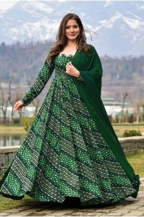 Printed Rayon Green Gown Dress with Dupatta GW1023