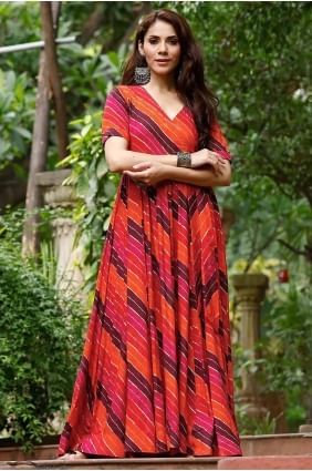 Printed Gown Dress in Orange Rayon GW1024