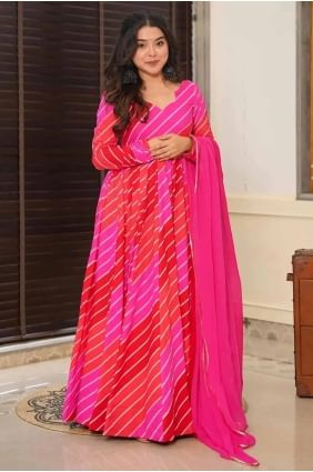 Pink Rayon Printed Gown Dress with Dupatta GW1026