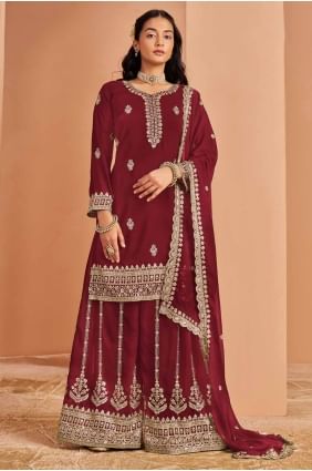 Georgette Maroon Palazzo Suit in Embroidered PZ4090