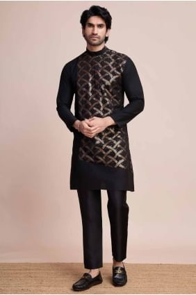Embroidered Silk Black Men Kurta  KURR390