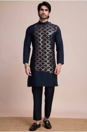 Embroidered Silk Nevy blue Men Kurta  KURR391