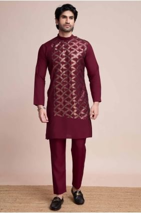 Embroidered Silk Maroon Men Kurta  KURR392