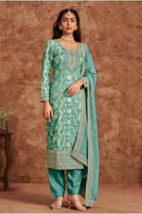 Sea green Silk Embroidered Salwar Kameez with Dupatta SK154954