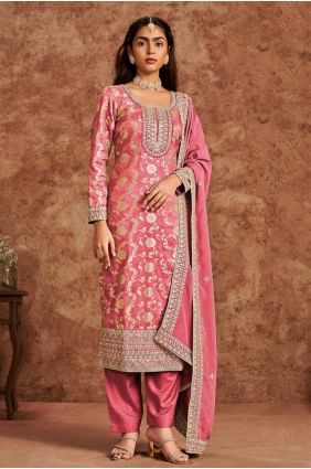 Coral  Silk Embroidered Salwar Kameez with Dupatta SK154955