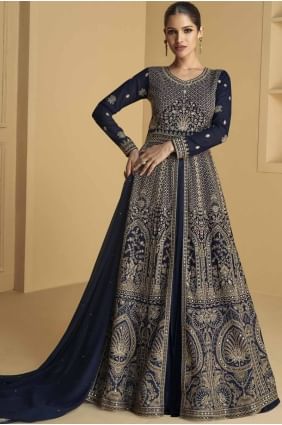 Blue Georgette Embroidered Eid Anarkali Suit with Dupatta AS4010
