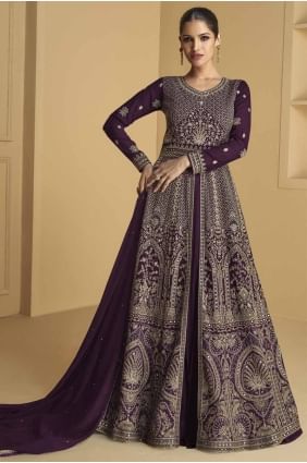 Purple Eid Anarkali Suit in Embroidered Georgette AS4013