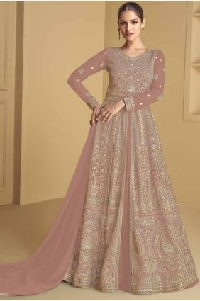 Georgette Eid Anarkali Suit with Embroidered in Peach AS4014