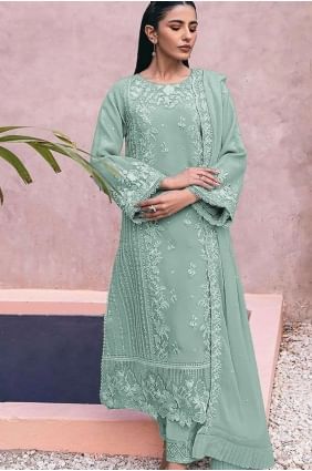 Georgette Sea green  Eid Salwar Kameez in Embroidered SK154957