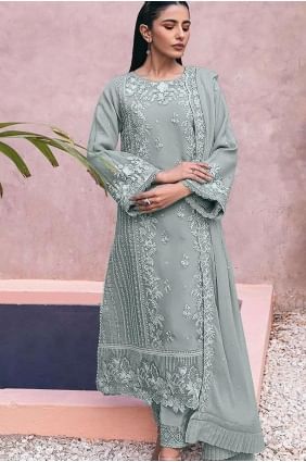 Georgette Embroidered Grey Eid Salwar Kameez with Dupatta SK154959