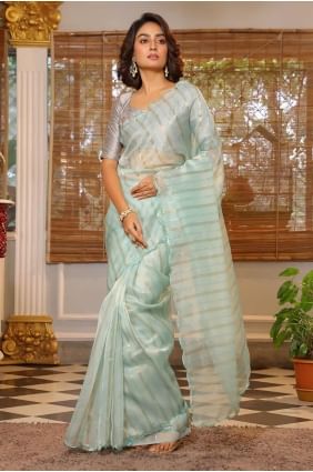 Embroidered Organza Saree in Sea green  with Blouse SR27946