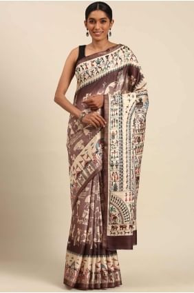Printed Cotton Wine  Saree with Blouse SR27949