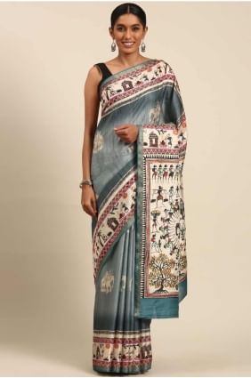 Printed Saree in Blue Cotton SR27954