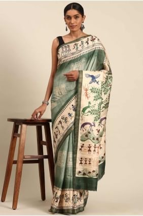 Green Saree with Printed Cotton SR27955