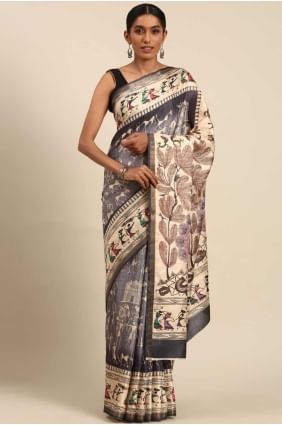 Saree in Grey Cotton with Printed SR27964