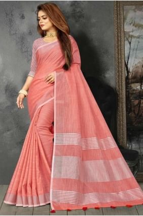 Saree in Red Linen with Weaving SR27979