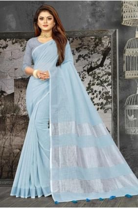 Weaving Linen Saree in Blue with Blouse SR27984