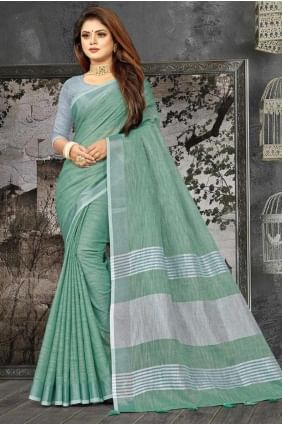 Saree in Green Linen with Weaving SR27989