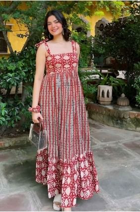 Maroon Digital print Gown Dress in Rayon GW1036