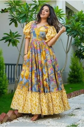 Rayon Gown Dress with Digital print in Mustard  GW1042