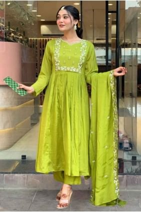 Green Chinon Embroidered Salwar Kameez with Dupatta SK154975