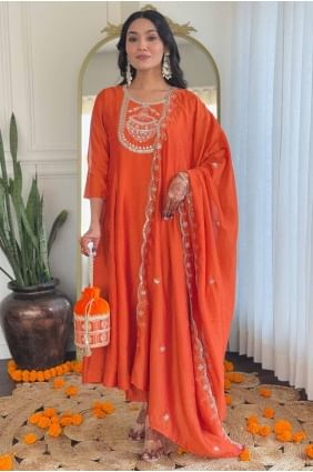 Orange Embroidered Salwar Kameez in Silk SK154984